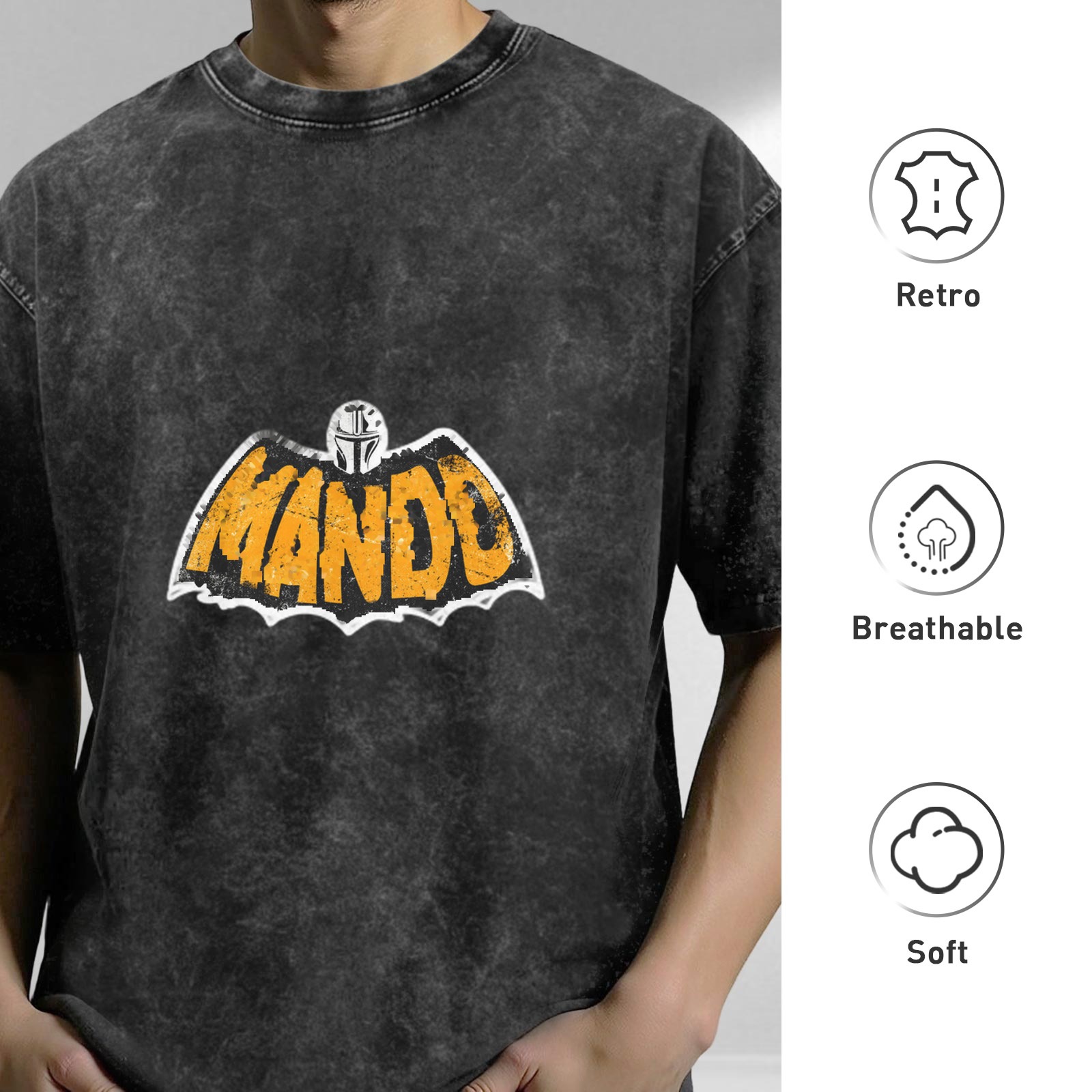 Washed Black Oversized T-Shirt with Mando Bat Logo Graphic