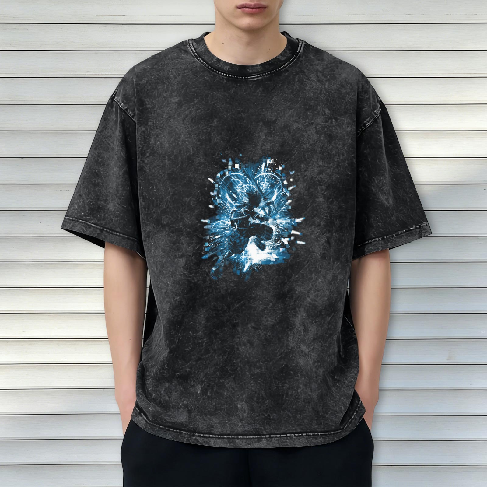 Washed black graphic t-shirt with blue anime action character print