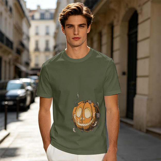 Olive Green T-Shirt With Spooky Halloween Pumpkin Ghost Print