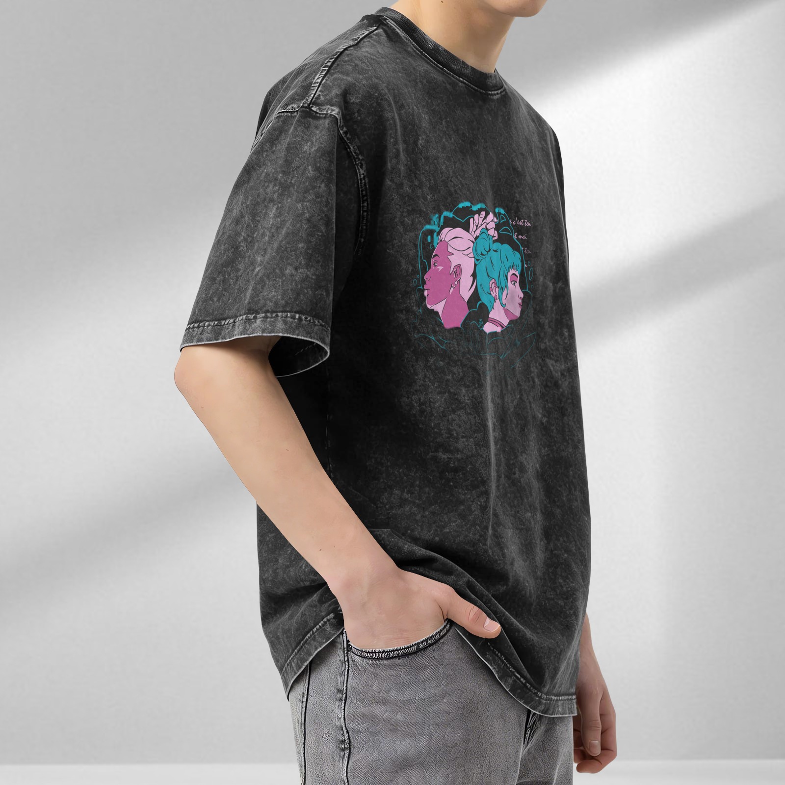 Oversized Acid Wash T-Shirt With Retro Anime Style Graphic Print