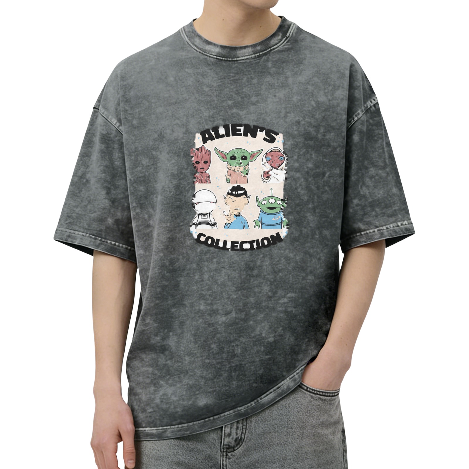 Washed Black T-Shirt with Alien's Collection Graphic Print