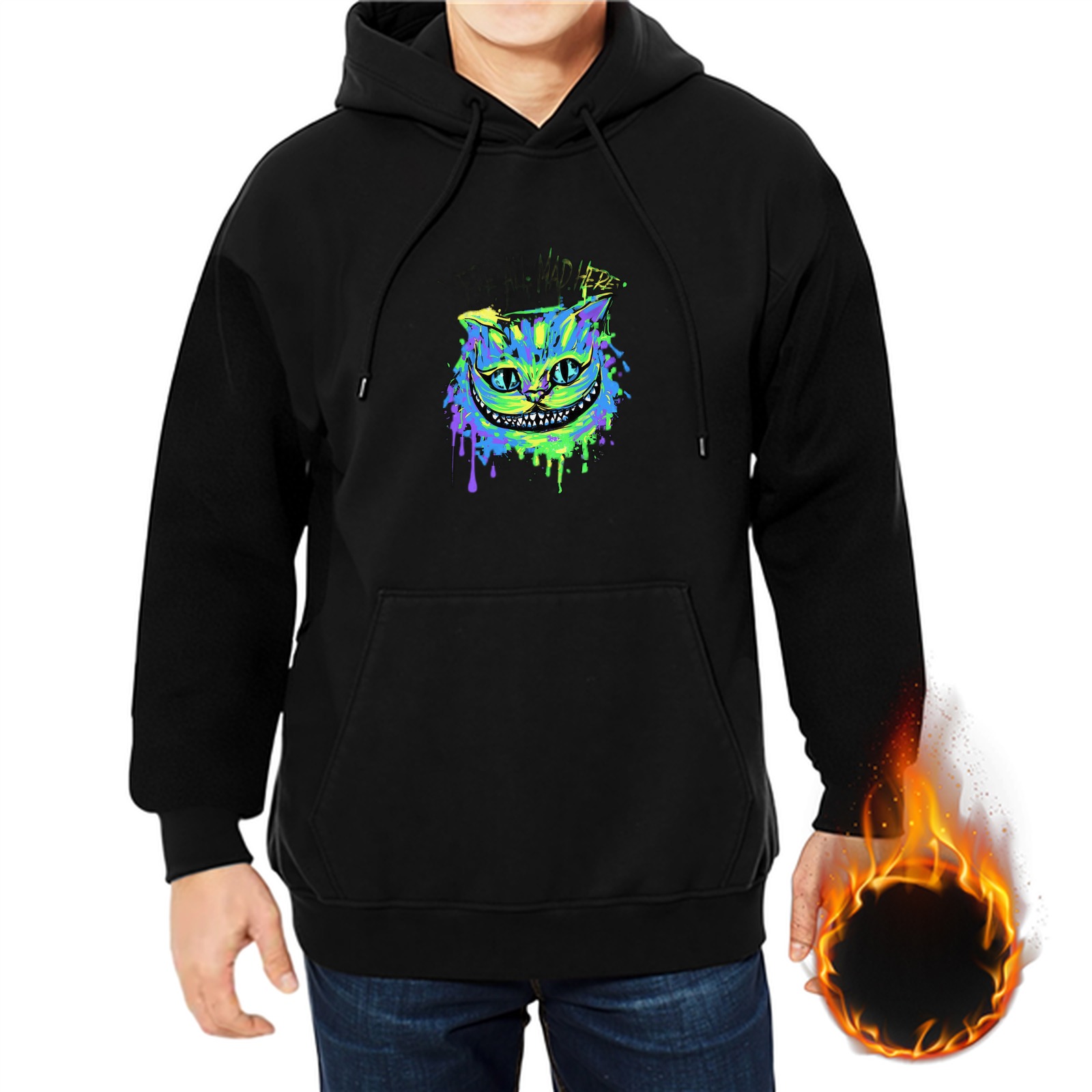 Black hoodie with neon Cheshire cat paint splatter graphic