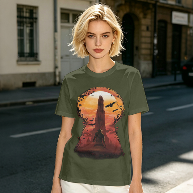 Olive T-Shirt with Keyhole Sunset Tower Art Print