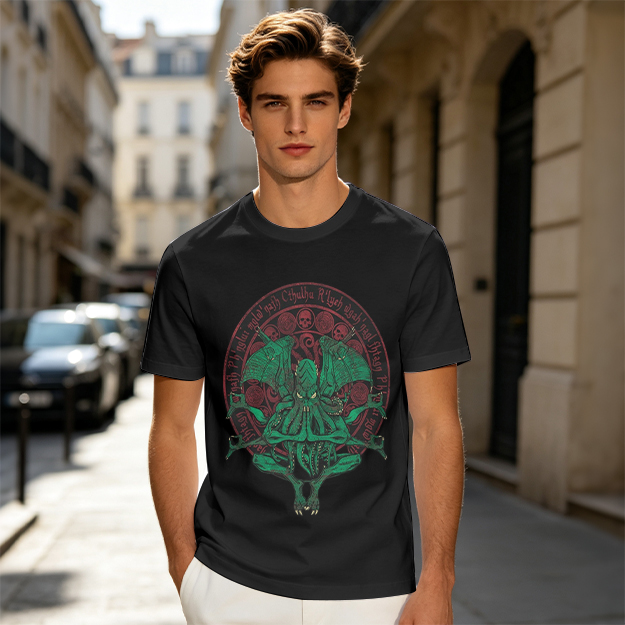 Olive Green Cthulhu Occult Seal Graphic T-Shirt