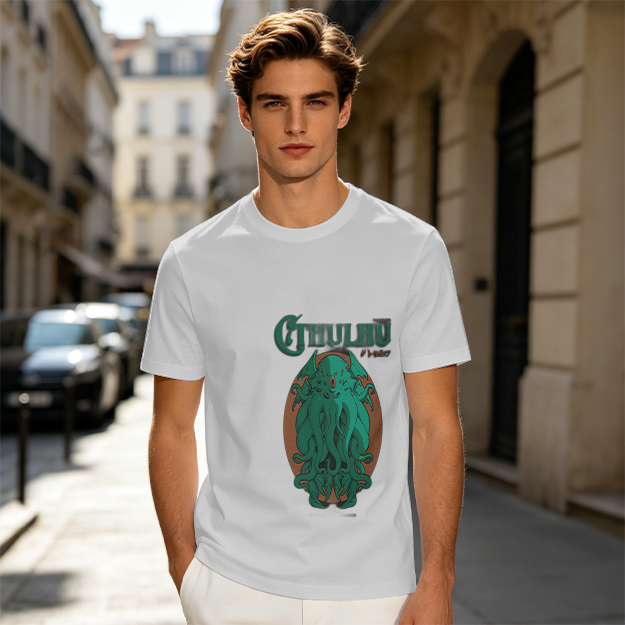 Olive Green Cthulhu Graphic T-Shirt with Mythos Monster Art
