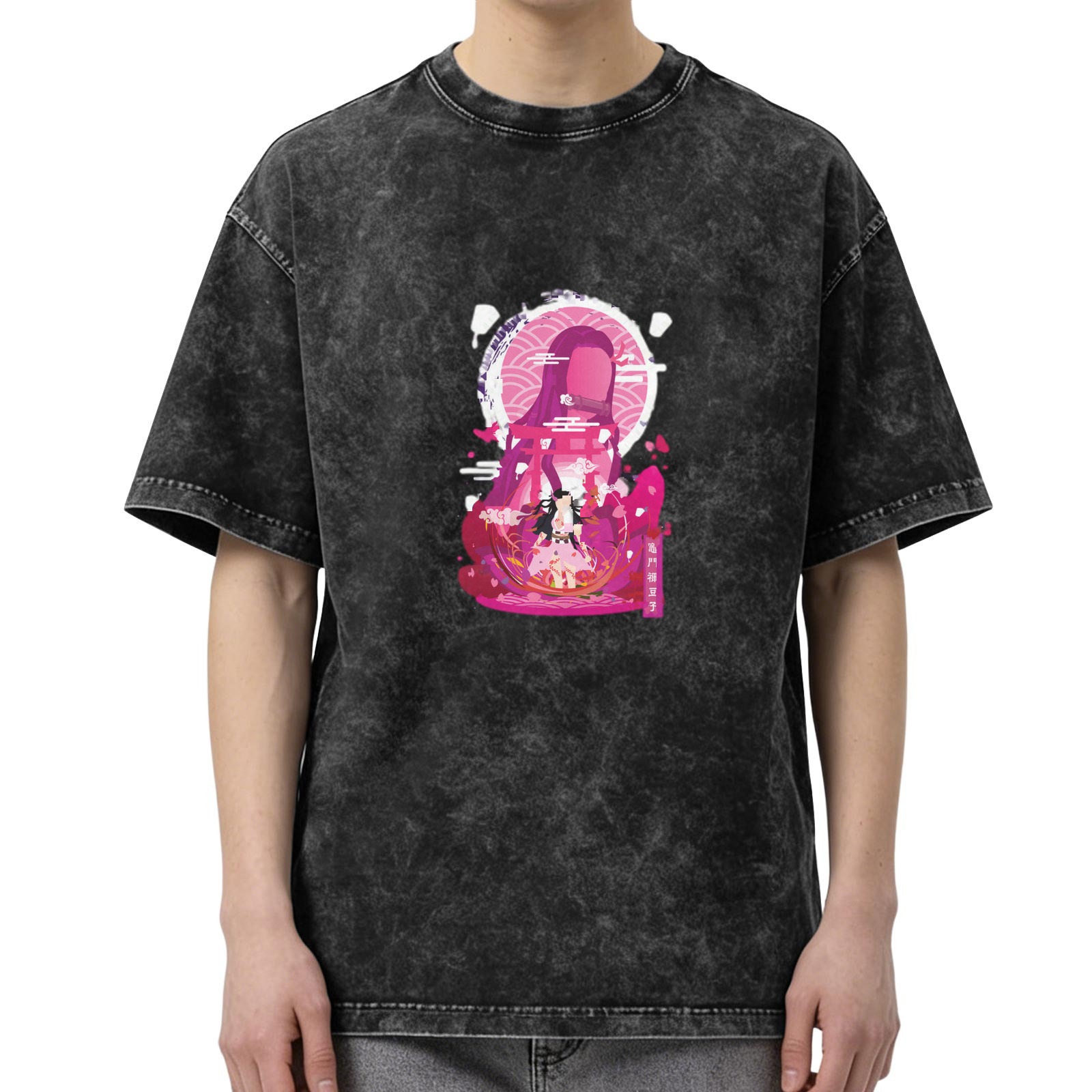 Demon Slayer: Kimetsu no Yaiba Nezuko themed old washed black loose short-sleeved T-shirt