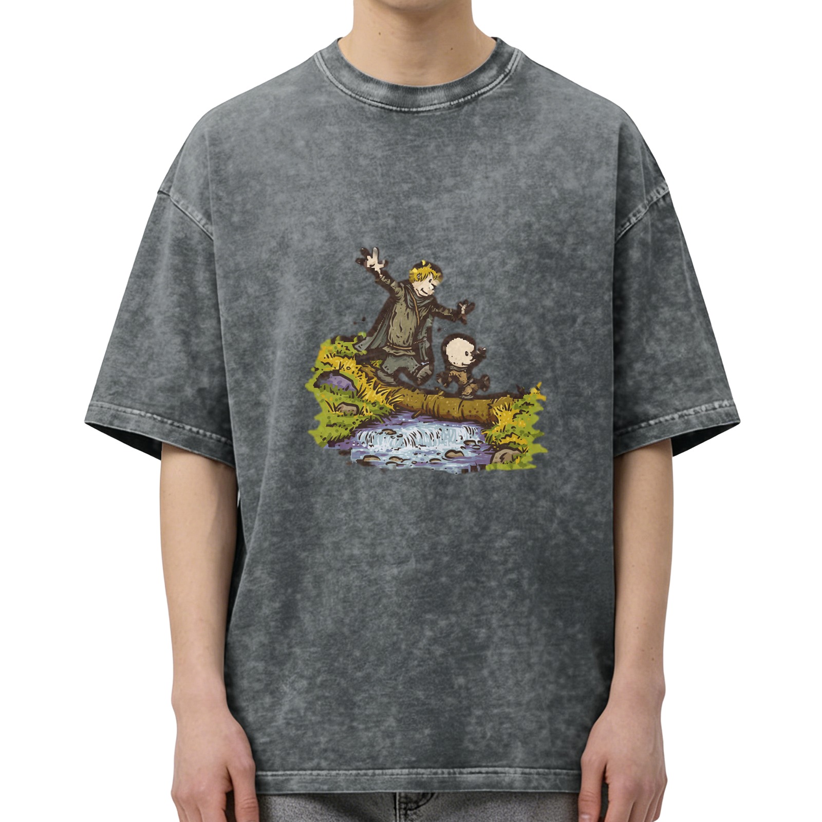 Vintage Washed T-Shirt With Fantasy Cartoon Characters Crossing Stream
