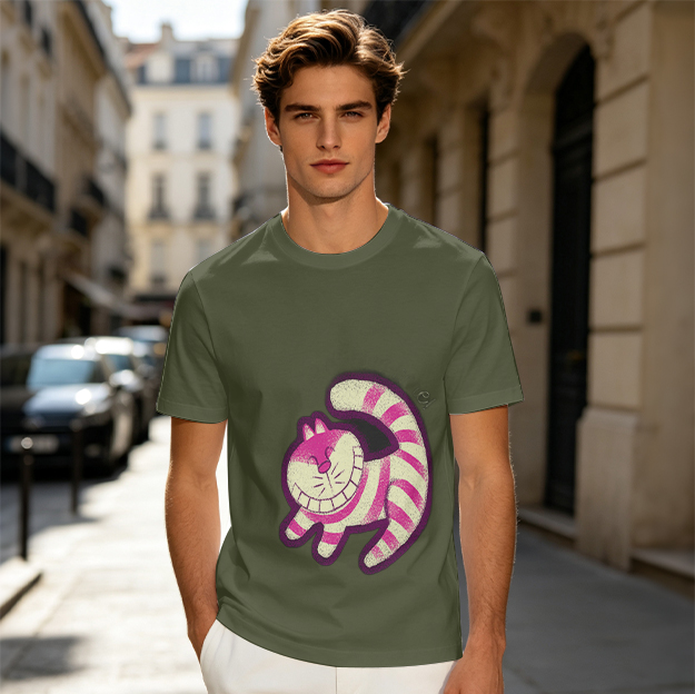 Olive T-Shirt with Cheshire Cat Graphic Print