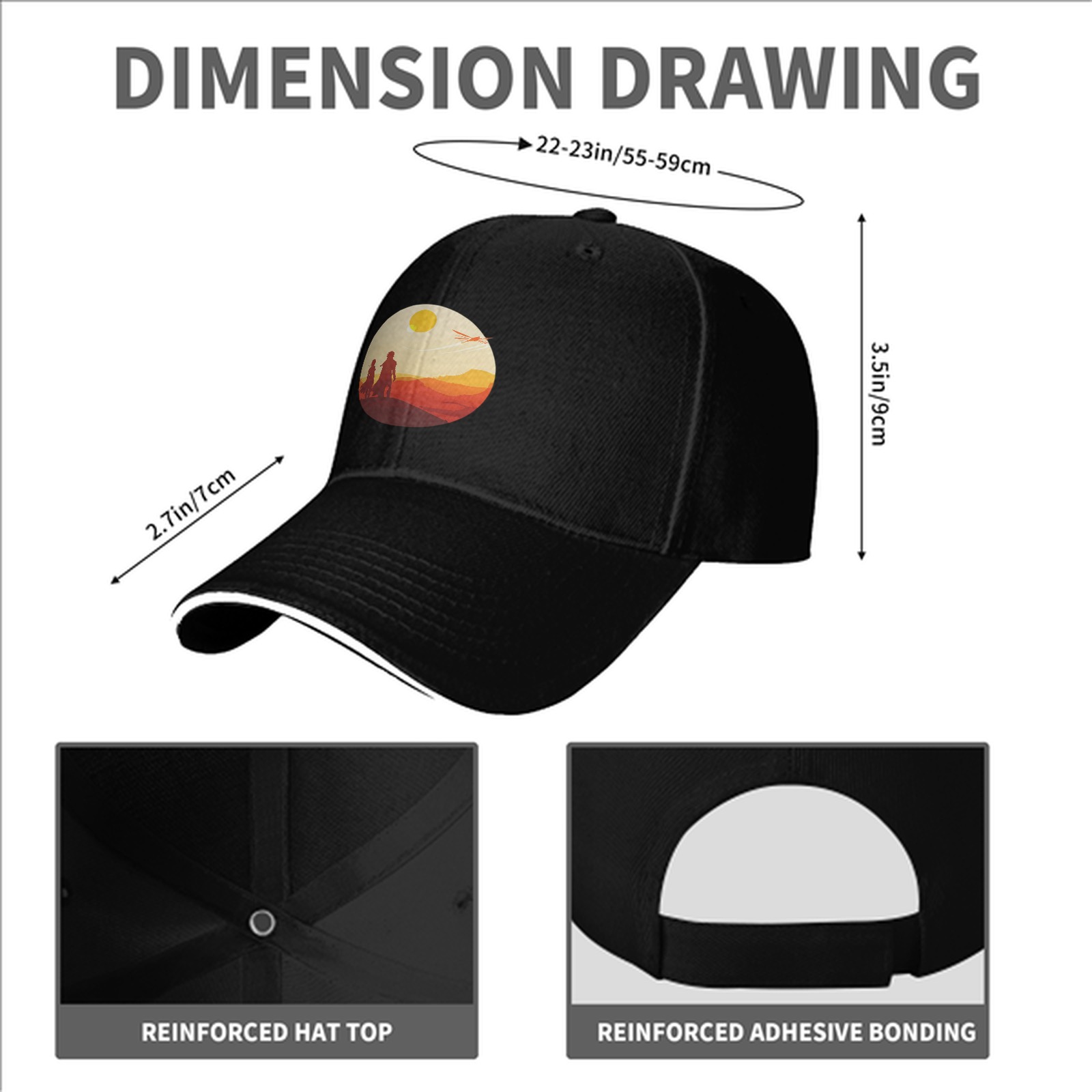Black baseball cap with desert sunset silhouette print
