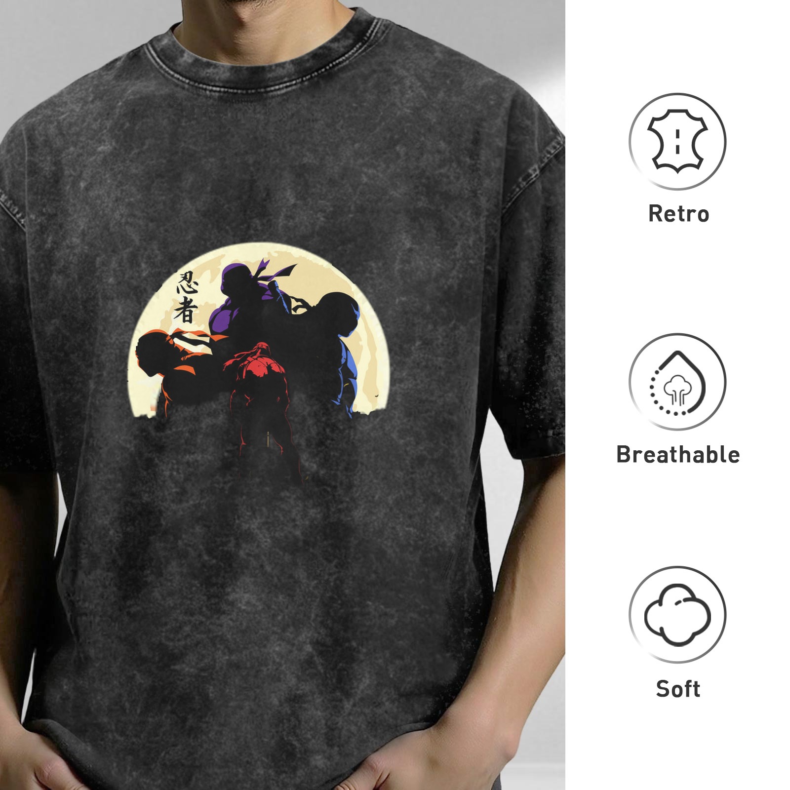 Washed black t-shirt with ninja silhouettes against a full moon