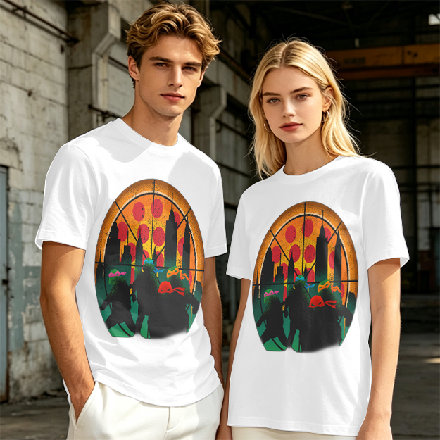 Olive T-Shirt With Ninja Turtles Pizza City Silhouette Print