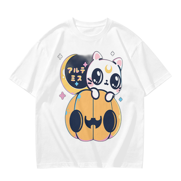 Cute white cat on jack-o'-lantern Halloween graphic tee