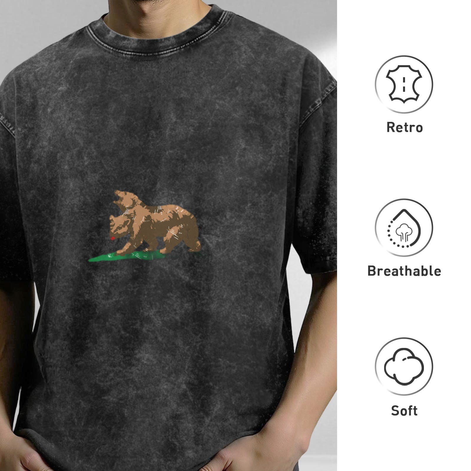 Oversized Acid Wash T-Shirt with California Bear Graphic