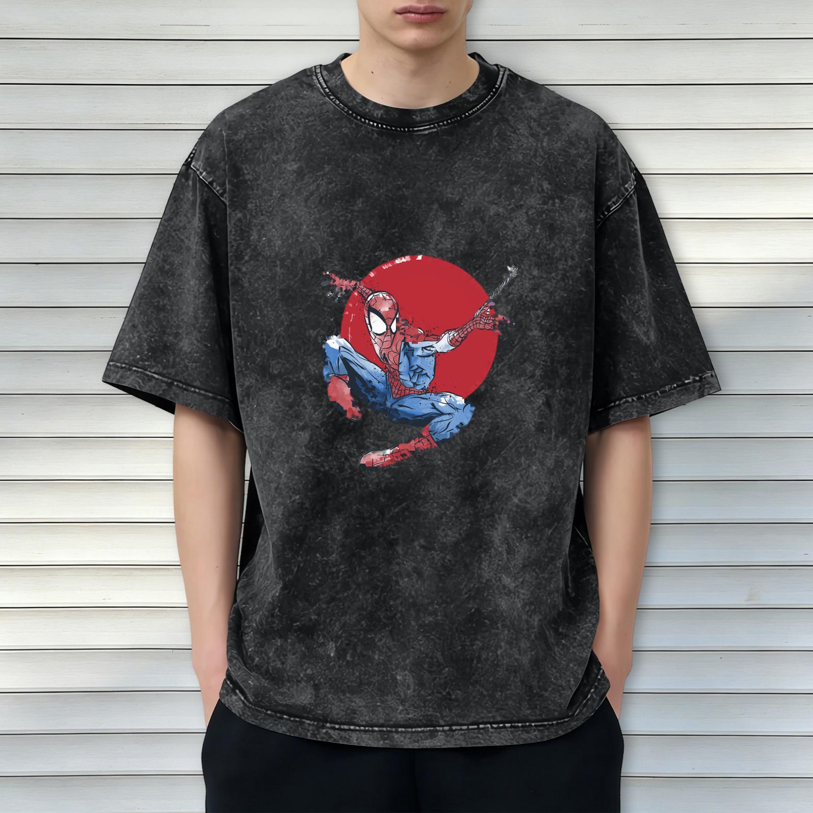 Washed Black Oversized T-Shirt with Spider-Man Red Circle Graphic