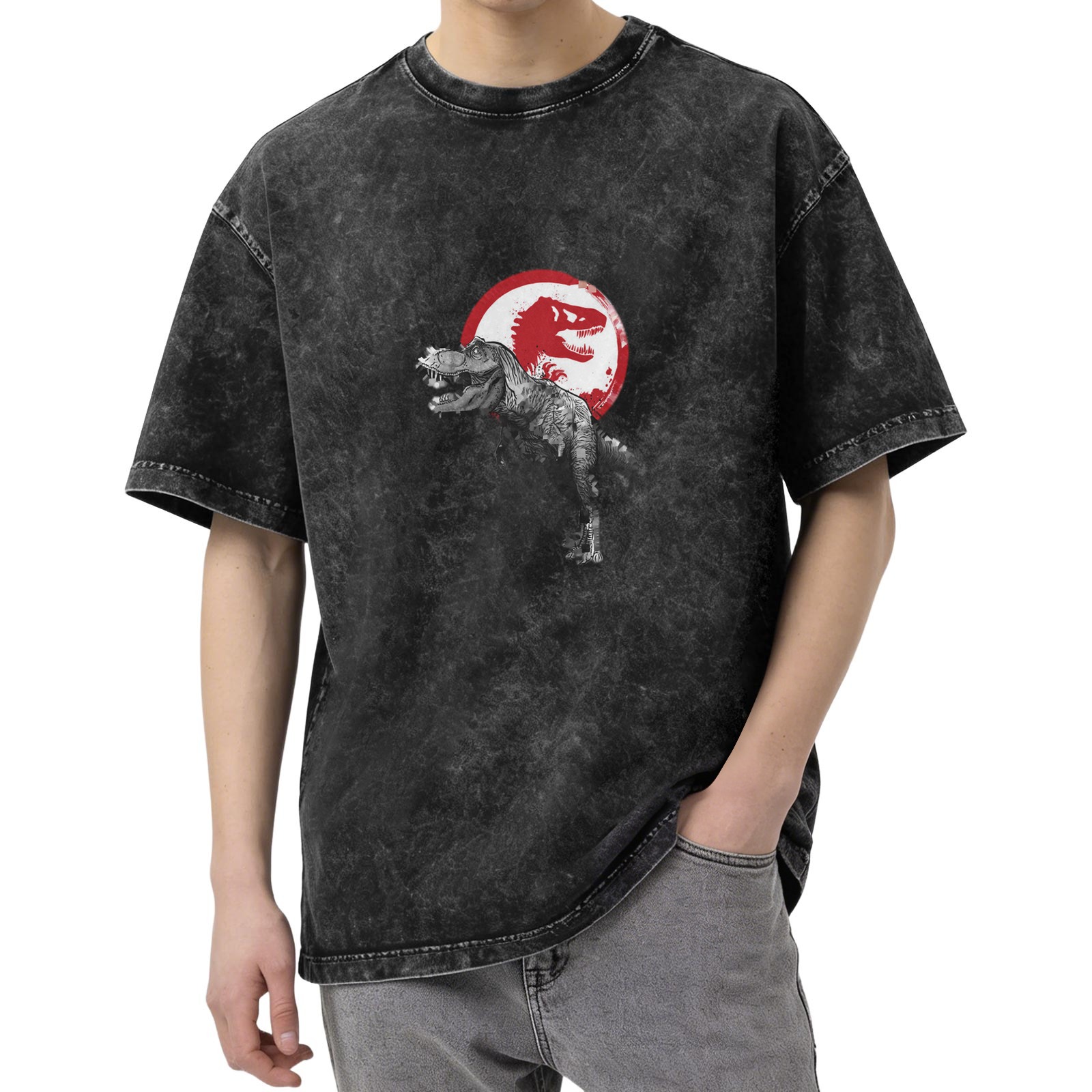 Washed Black Oversized T-Shirt with T-Rex Dinosaur Graphic
