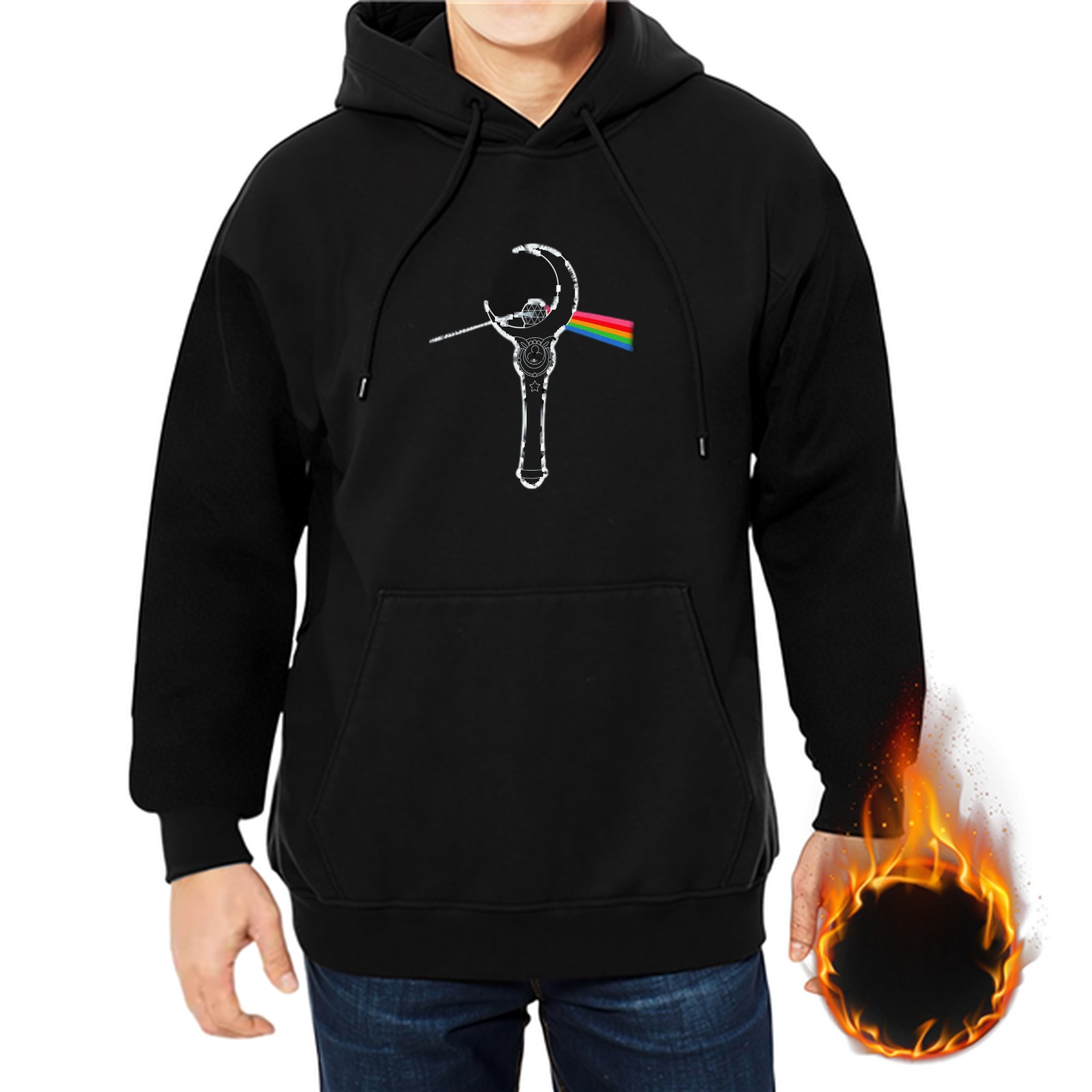 Black Hoodie With Wrench And Rainbow Prism Graphic