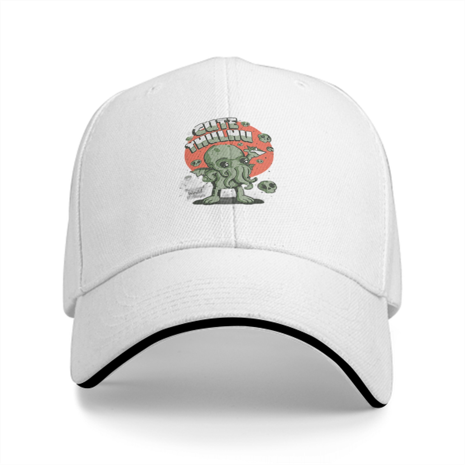 Black baseball cap with cute Cthulhu graphic and skulls