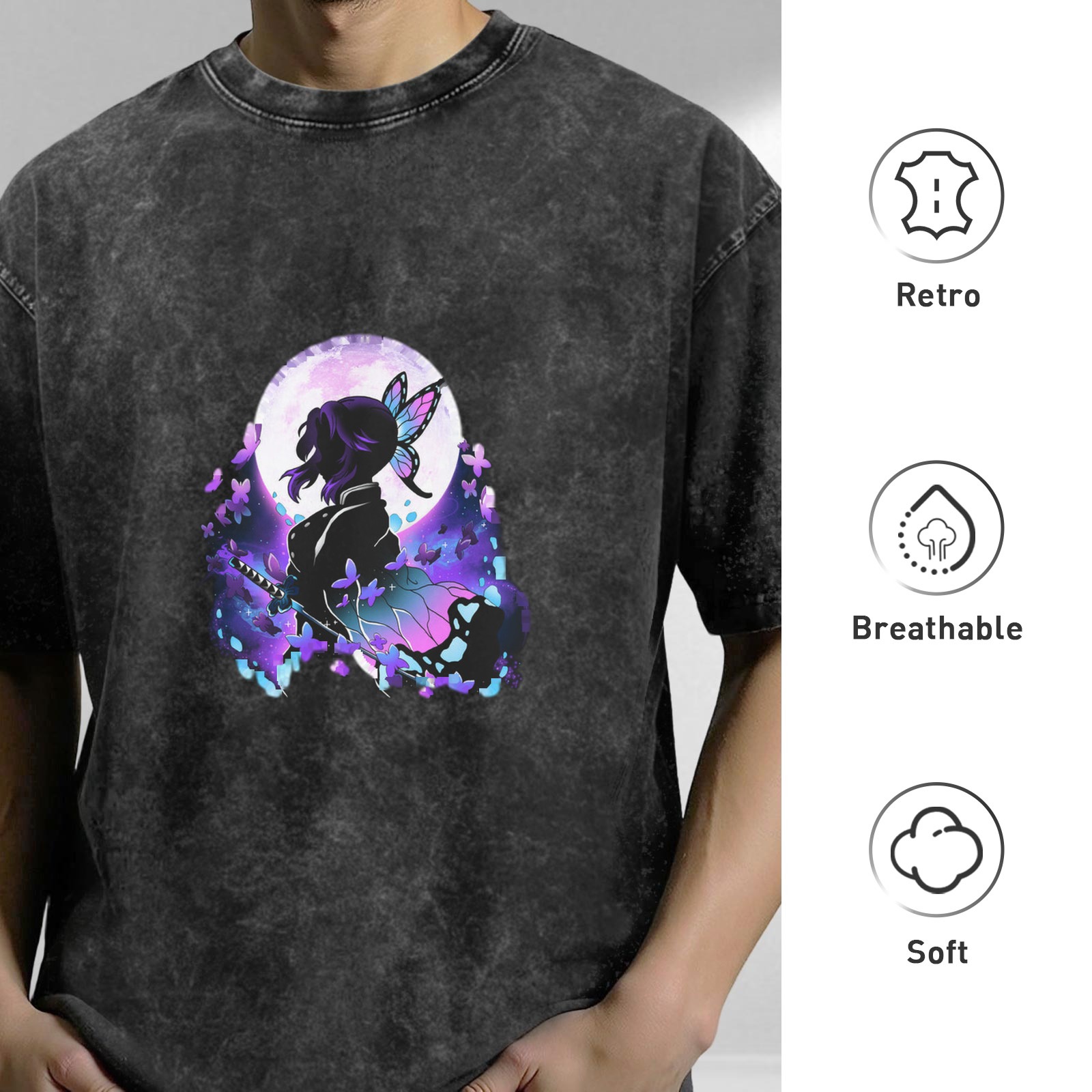 Oversized Acid Wash T-Shirt With Anime Butterfly Silhouette Graphic