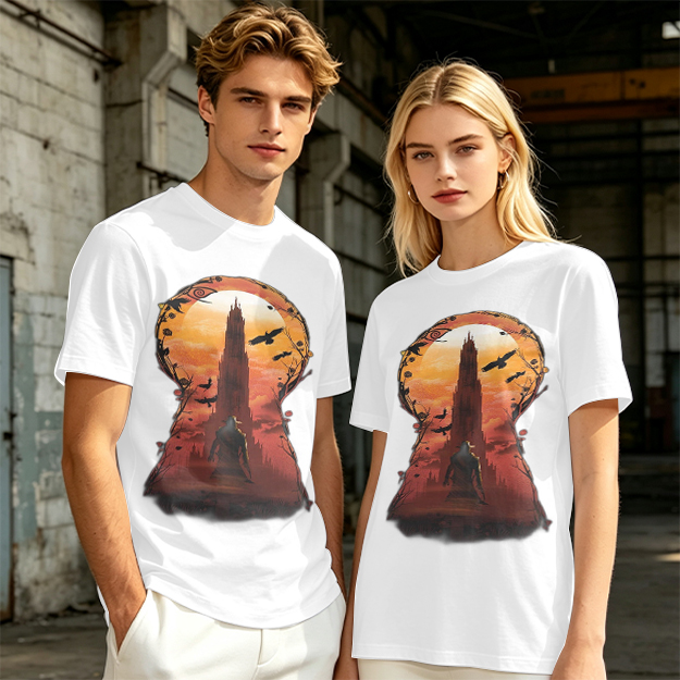 Olive T-Shirt with Keyhole Sunset Tower Art Print