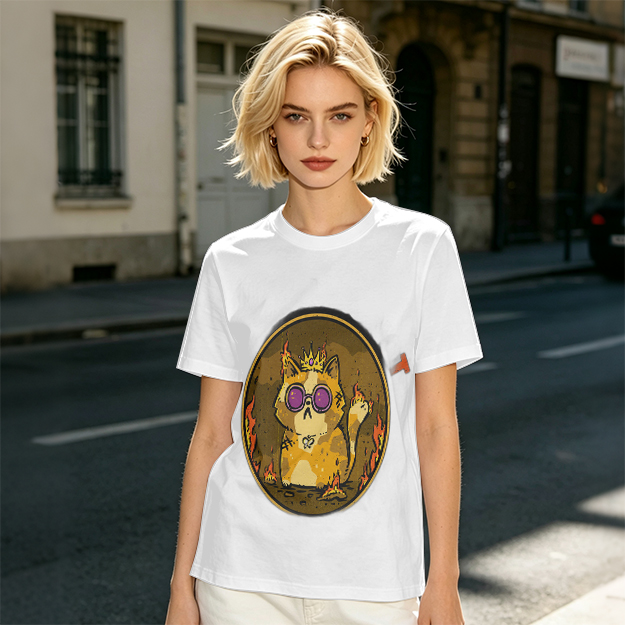 Olive T-Shirt With Flaming Royal Cat Wearing Sunglasses Print