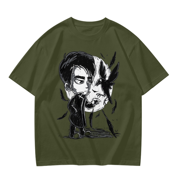 Olive T-Shirt with Chibi Dark Character and Crow Print