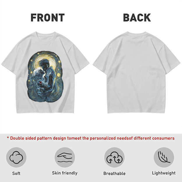 Olive T-Shirt With Starry Night Style Embracing Couple Art