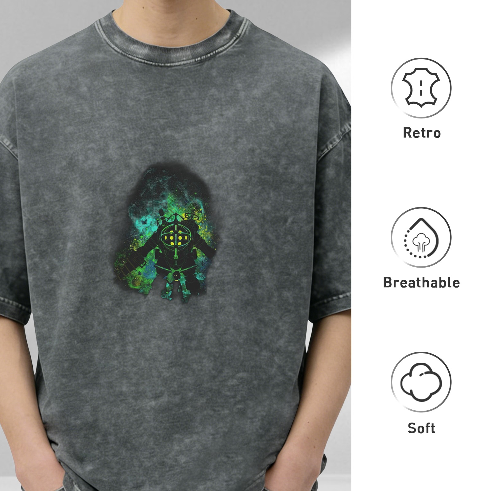 Washed Black Oversized T-Shirt With Glowing Diver Graphic Print