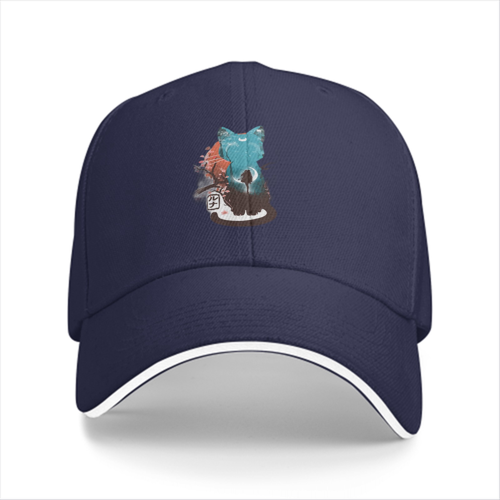 Black baseball cap with artistic cat graphic design