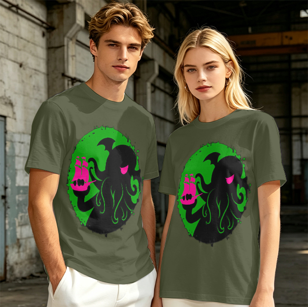 Olive T-Shirt With Cthulhu Holding Pink Ship Graphic Print