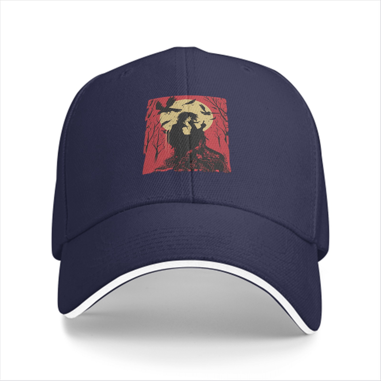 Black Baseball Cap With Red Moon Crow Silhouette Graphic