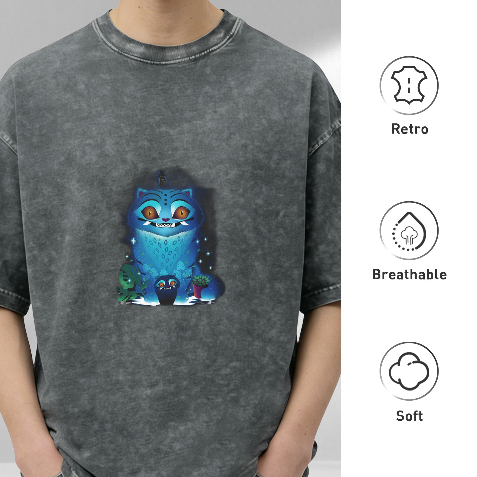 Distressed washed black loose short-sleeved T-shirt blue cat cartoon print trendy top