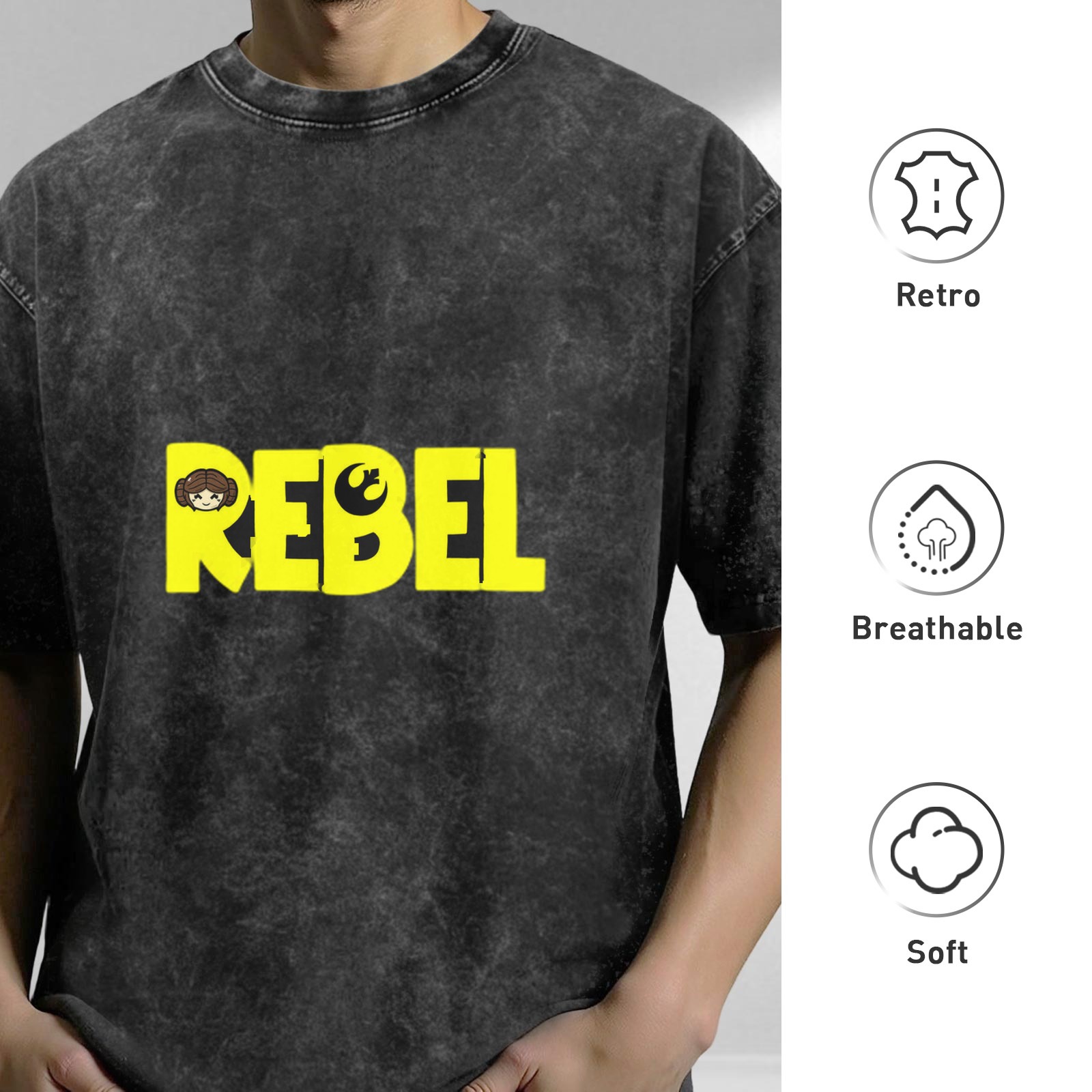 Washed Black Rebel Graphic T-Shirt with Princess Leia Art