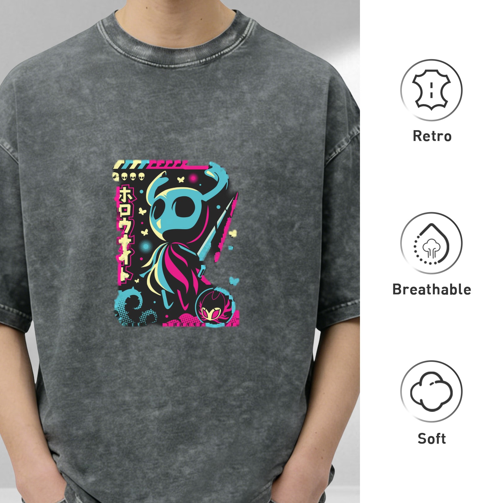 Hollow Knight Neon Graphic Acid Wash Cotton T-Shirt