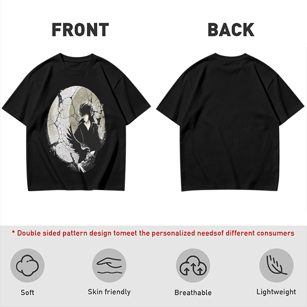 Olive T-shirt with Dark Anime Character and Raven Print