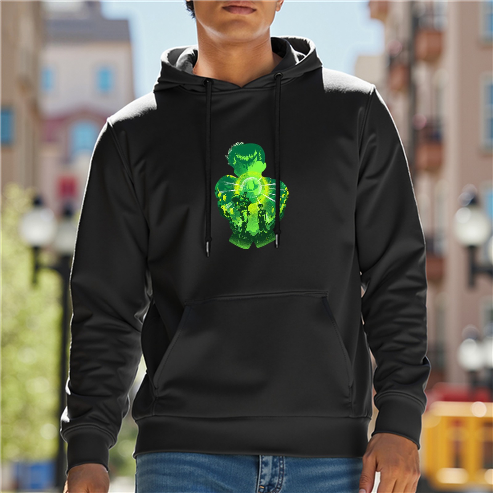 Black Hoodie With Glowing Green Superhero Silhouette Art