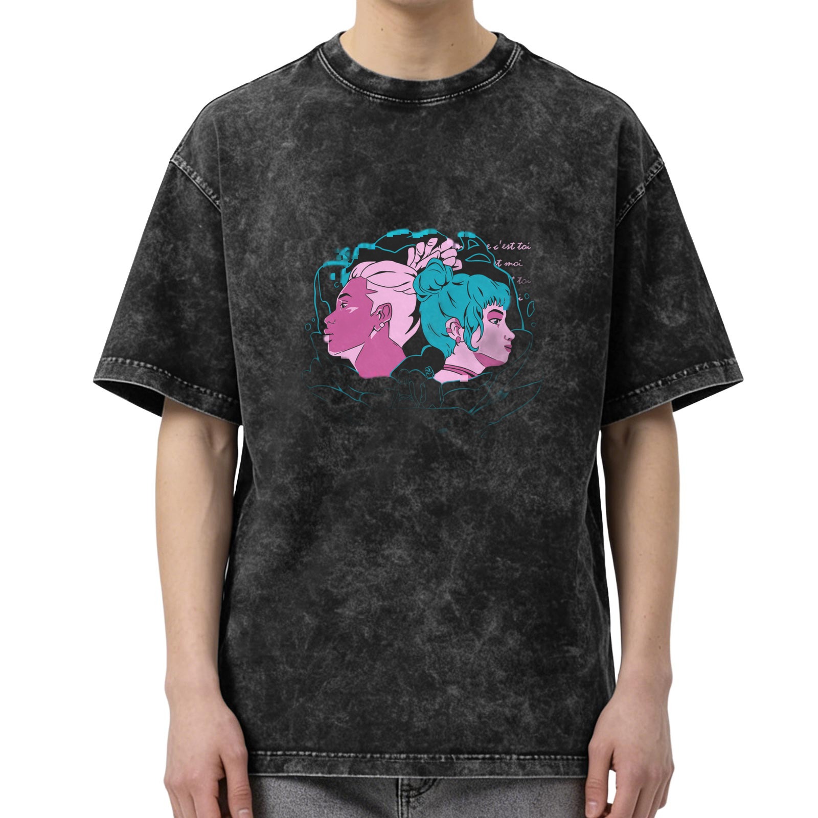 Oversized Acid Wash T-Shirt With Retro Anime Style Graphic Print