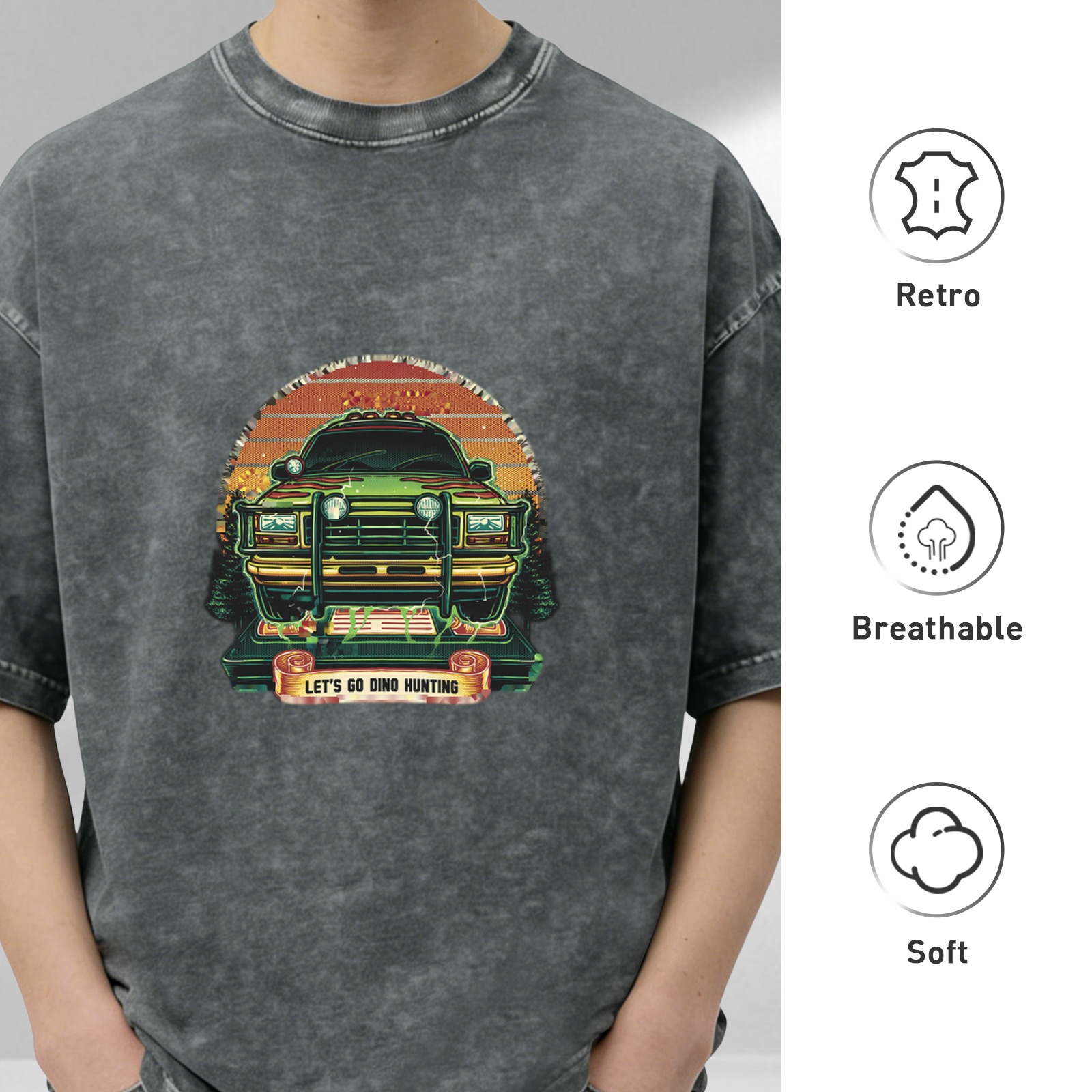Washed Black T-Shirt with Let's Go Dino Hunting Jurassic Park Style Graphic