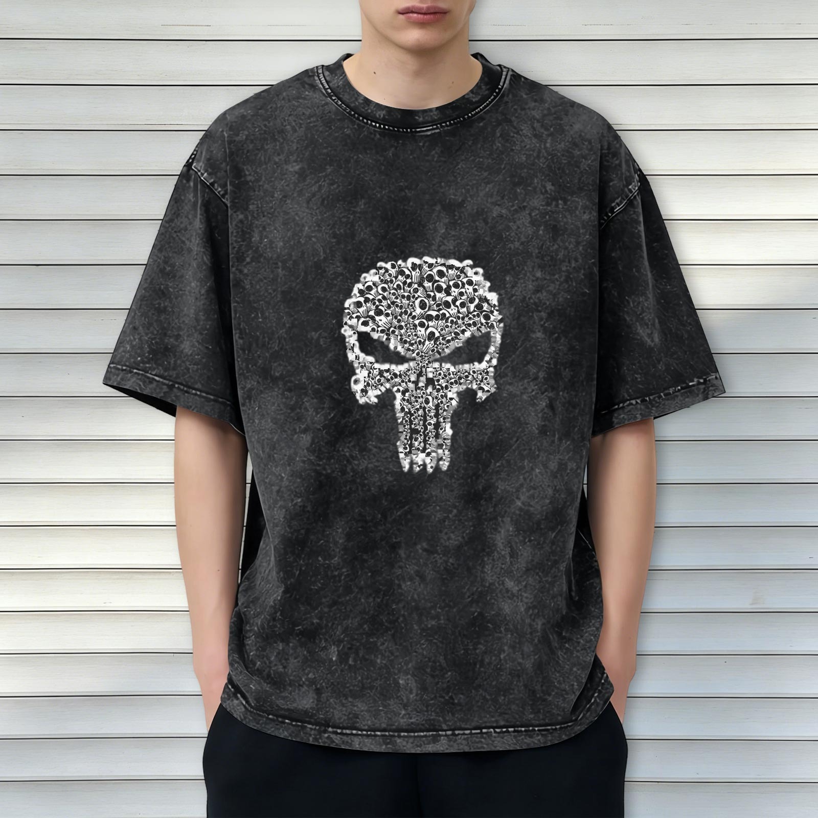 Washed Black Oversized T-Shirt With Punisher Skull Graphic