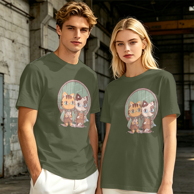 Olive Green T-Shirt With Cute Cat Fantasy Character Print
