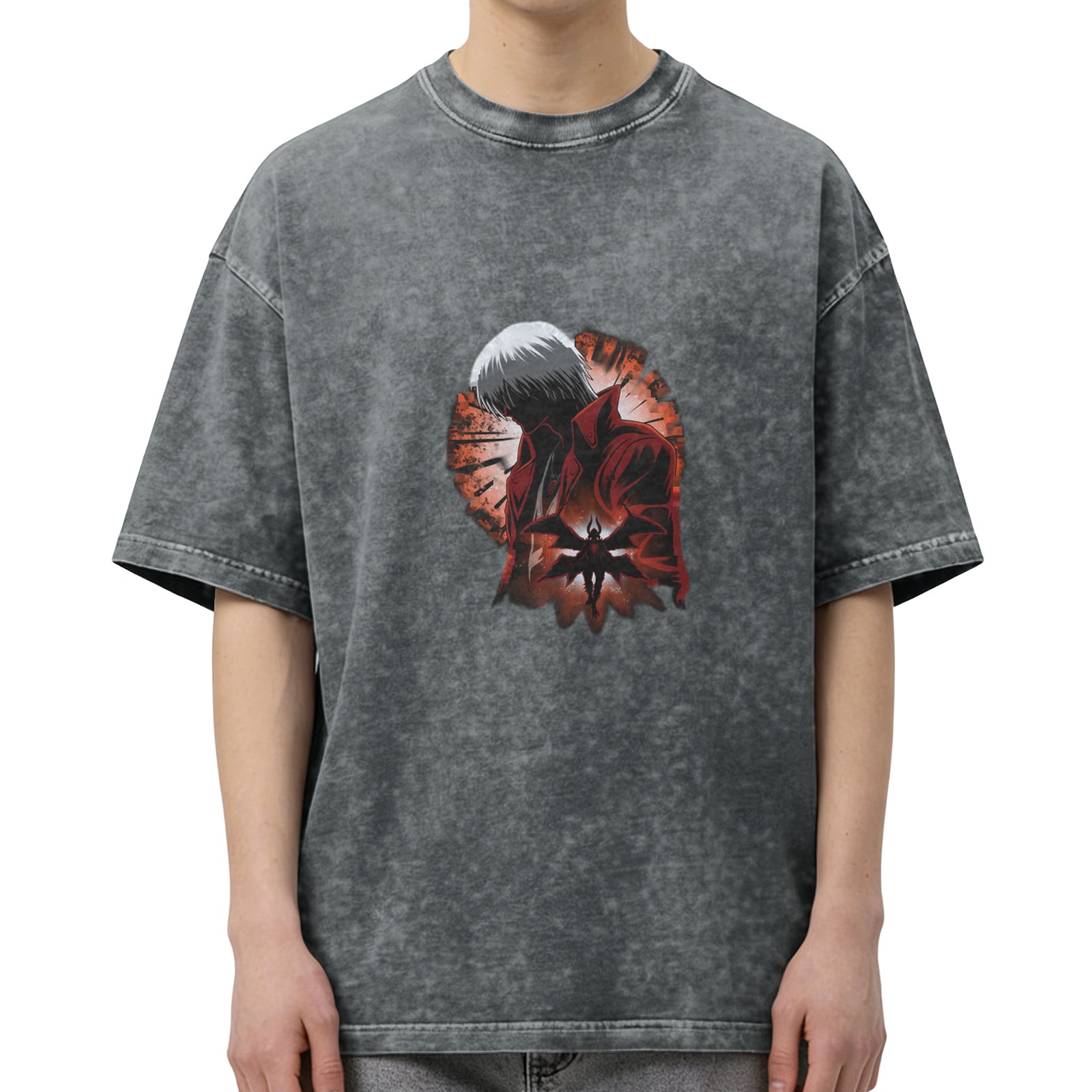 Washed Black Graphic T-Shirt with Anime Demon Character Print