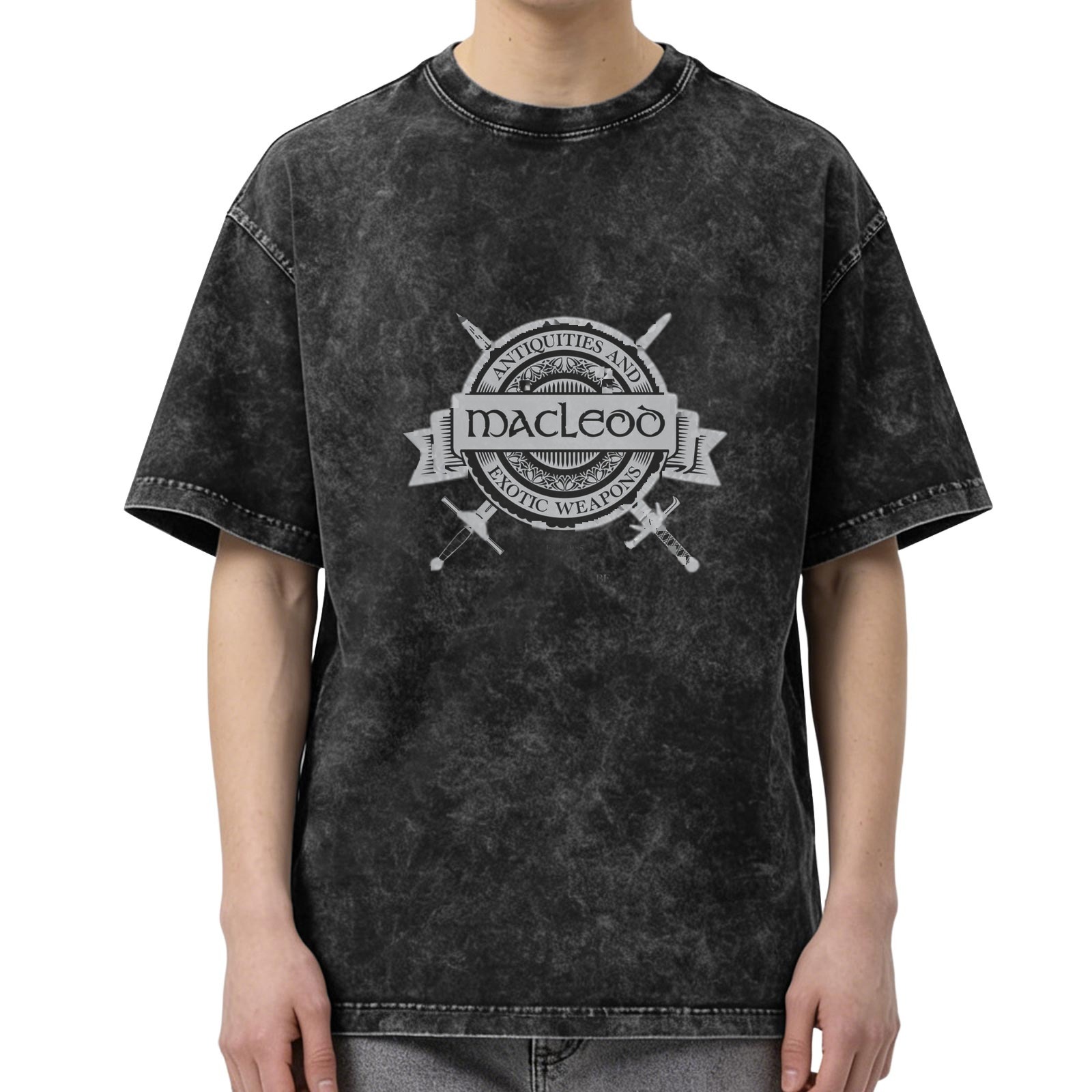 Washed Black T-Shirt with MacLeod Antiquities and Exotic Weapons Graphic
