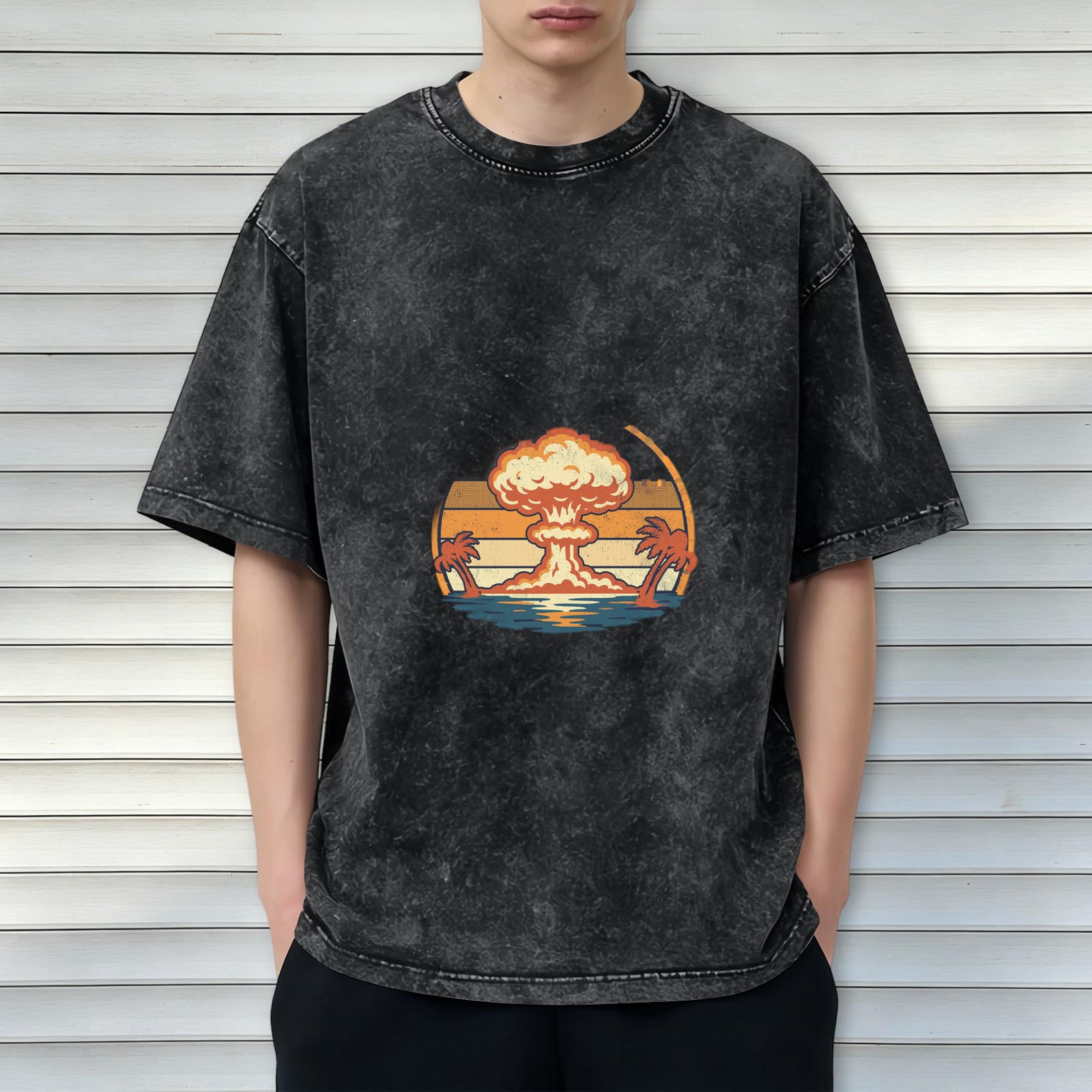 Vintage Acid-Wash Black Oversized T-Shirt with Retro Nuclear Explosion & Palm Tree Sunset Graphic Print
