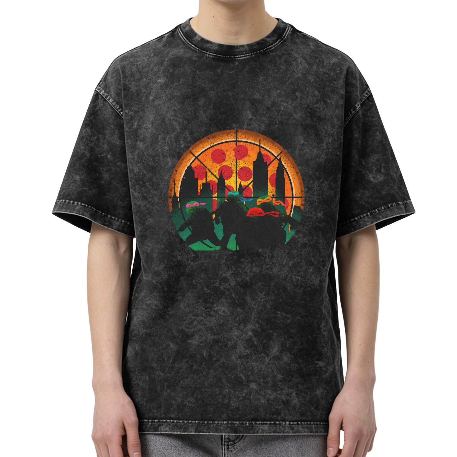 Teenage Mutant Ninja Turtles Pizza City Silhouette Acid Wash T-Shirt