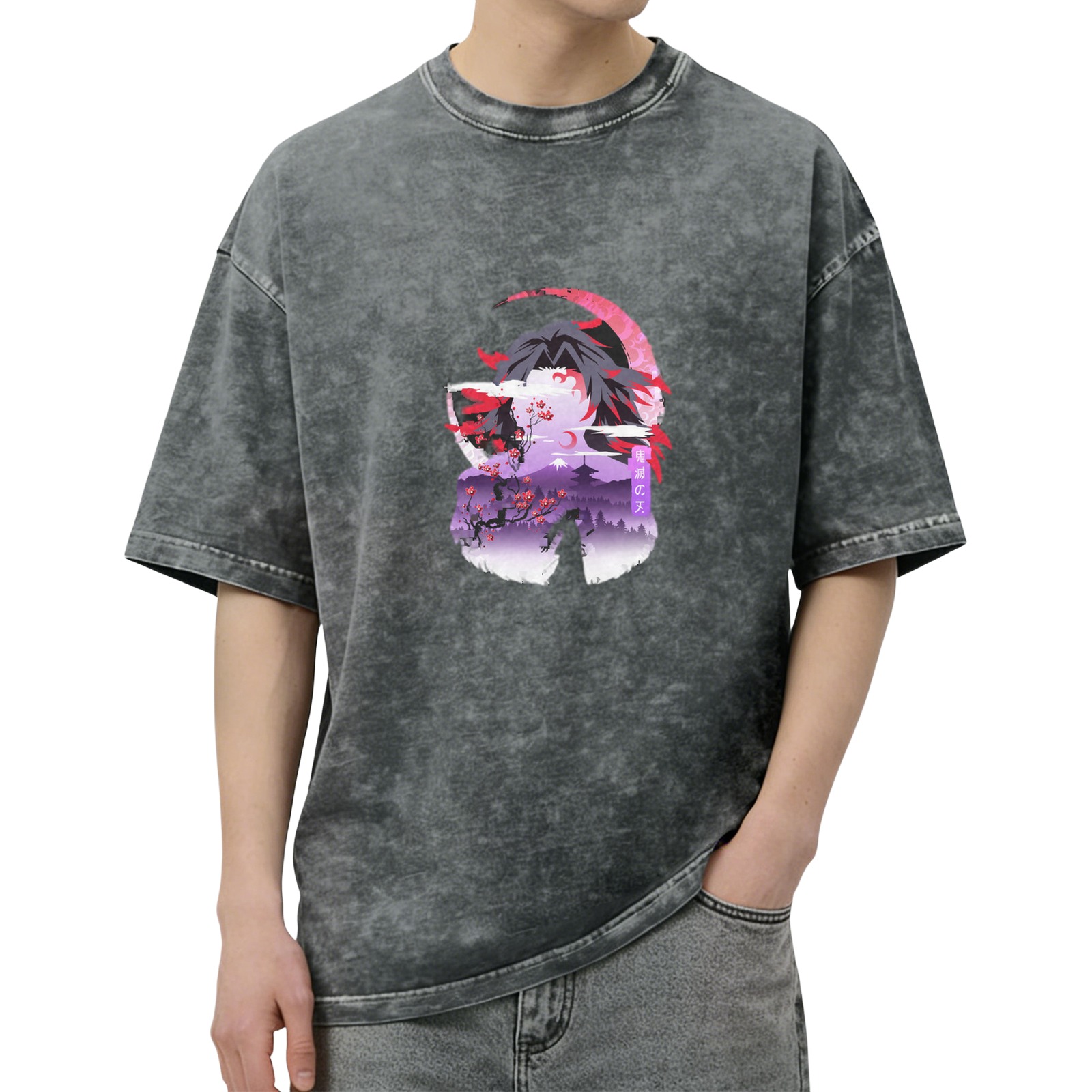 Oversized dark washed anime graphic t-shirt with samurai and cherry blossom design
