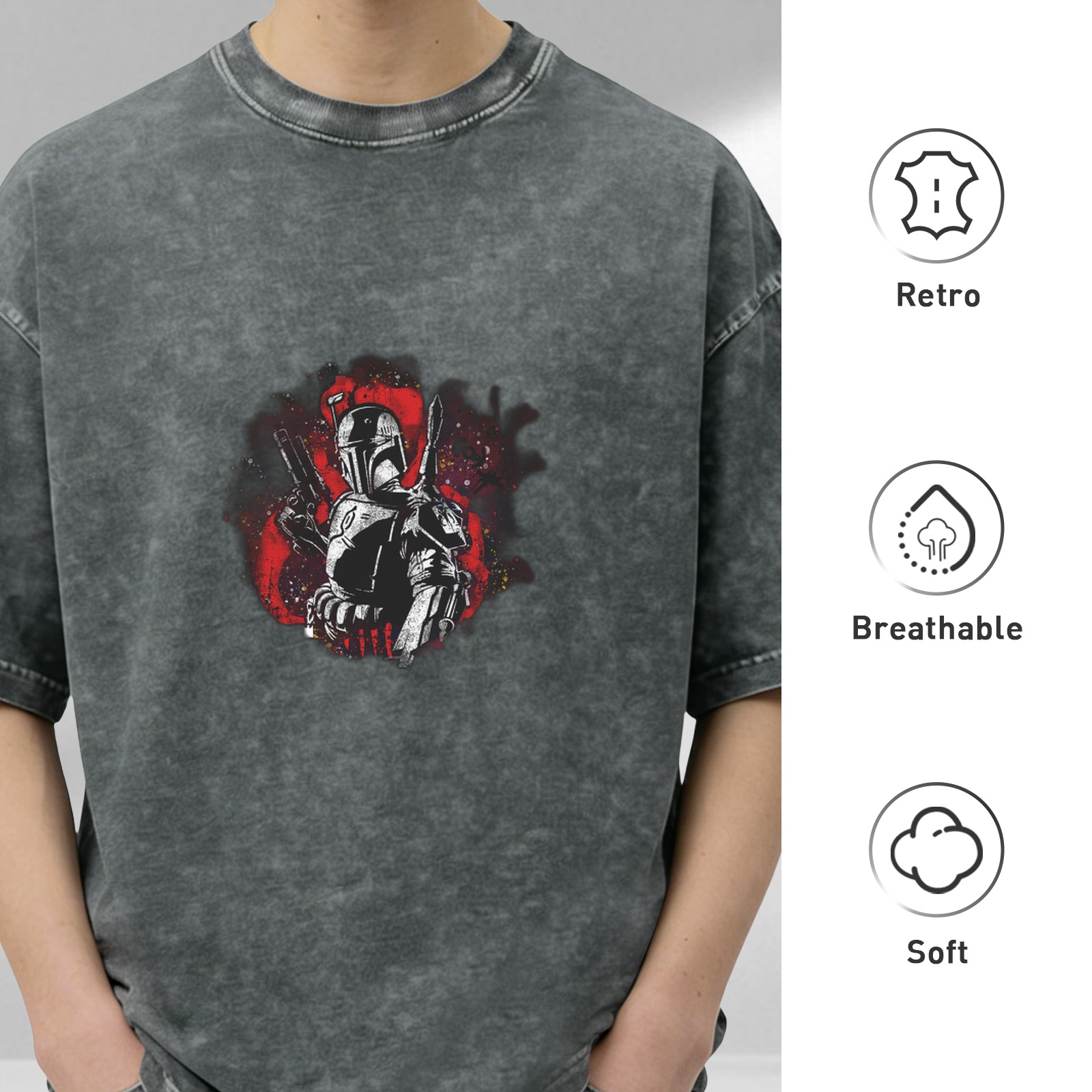 Washed black graphic t-shirt with armored bounty hunter print