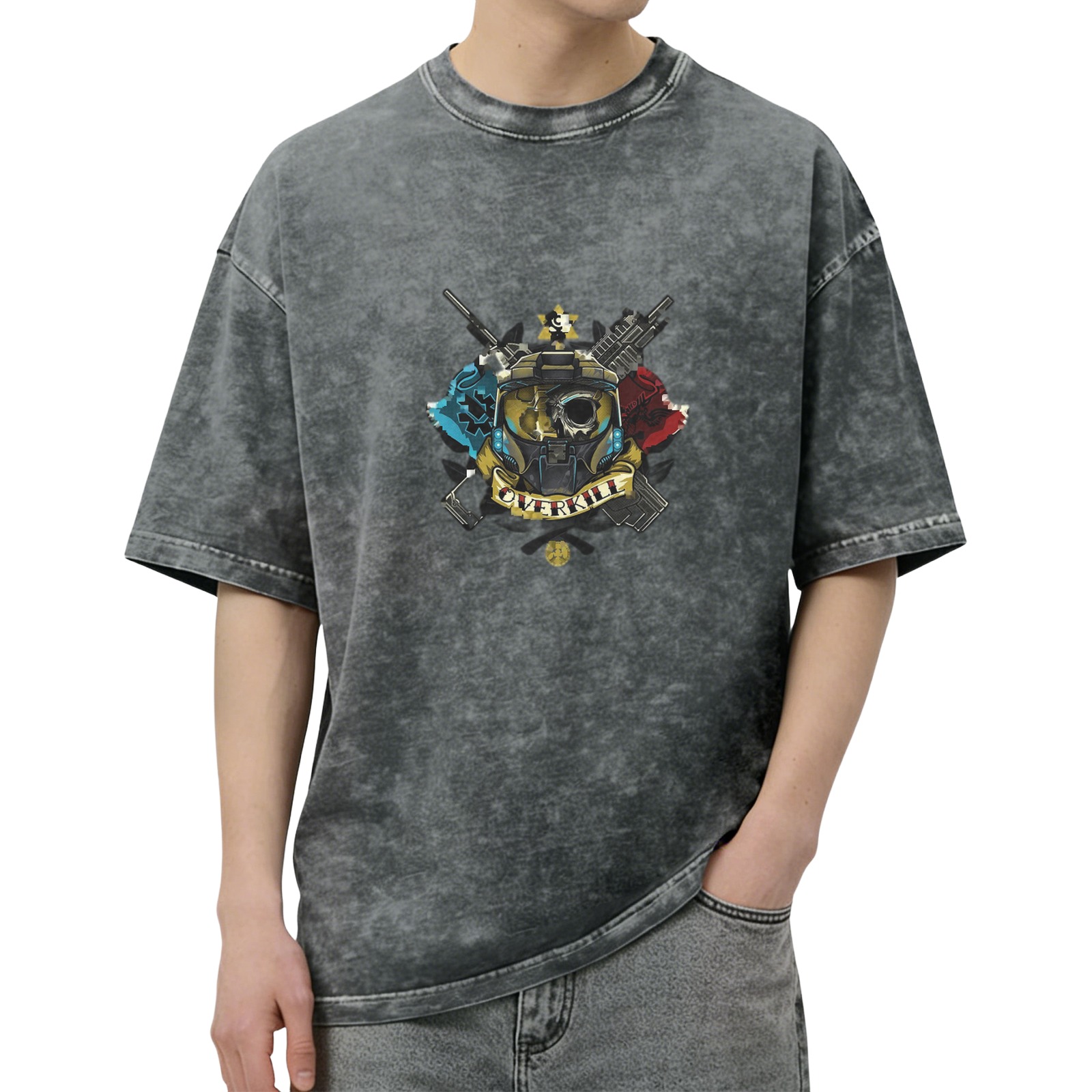 Washed black graphic t-shirt with tactical helmet overkill design