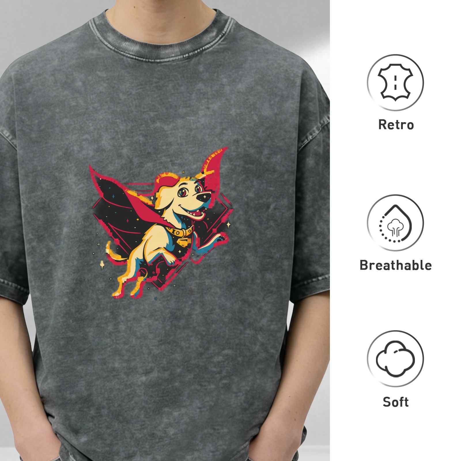 Oversized Dark Wash T-Shirt With Superhero Dog Graphic