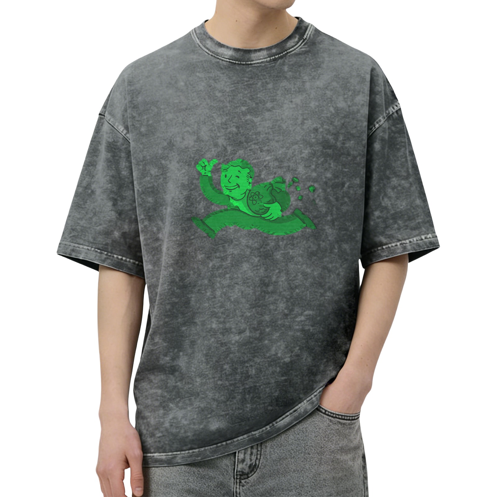 Oversized acid wash t-shirt with green Vault Boy running graphic