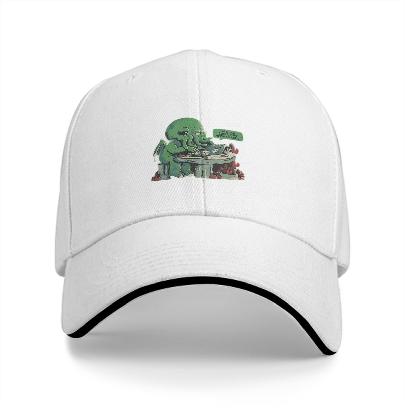 Black baseball cap with cute Cthulhu using laptop graphic
