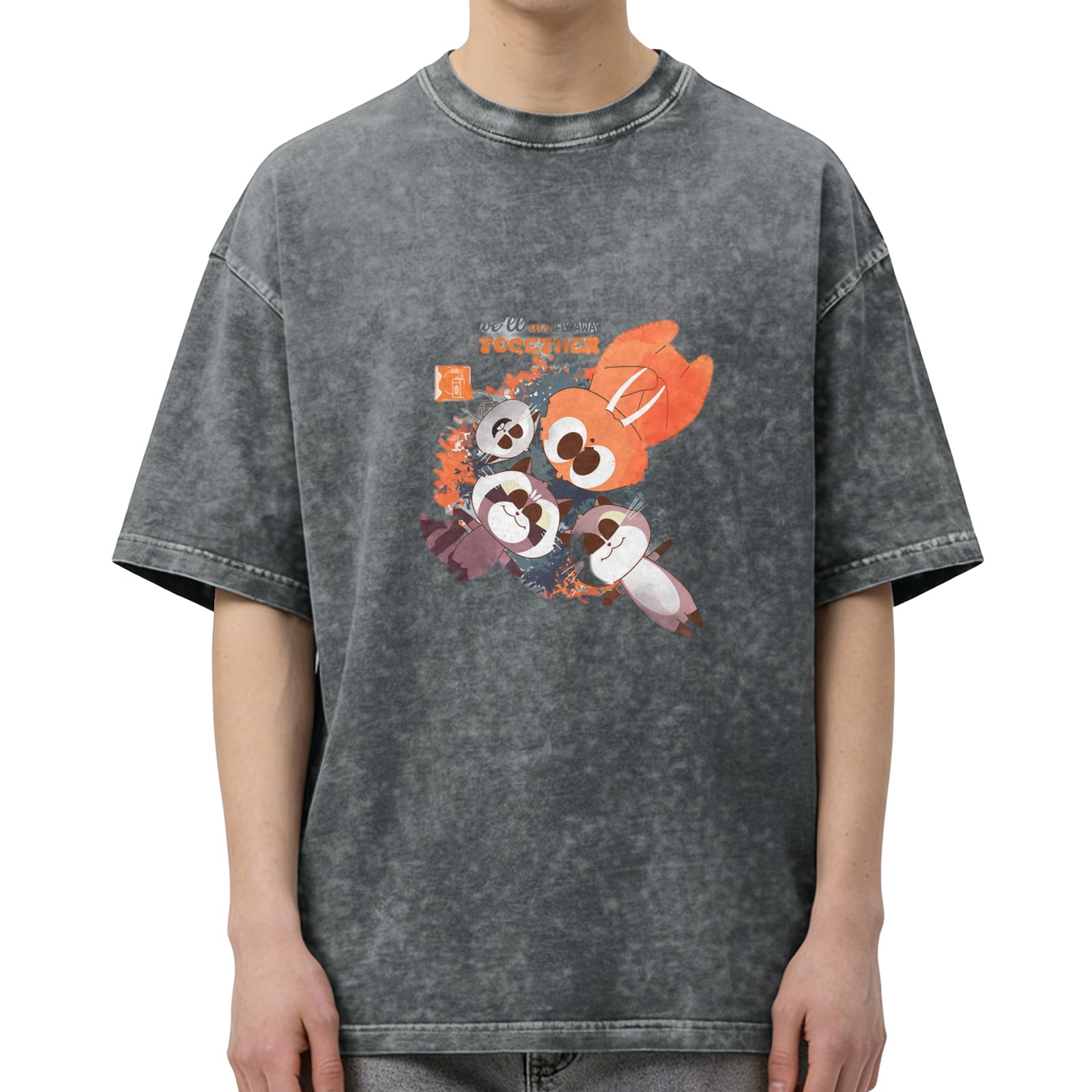 Washed Black Cartoon Animal Graphic Oversized T-shirt